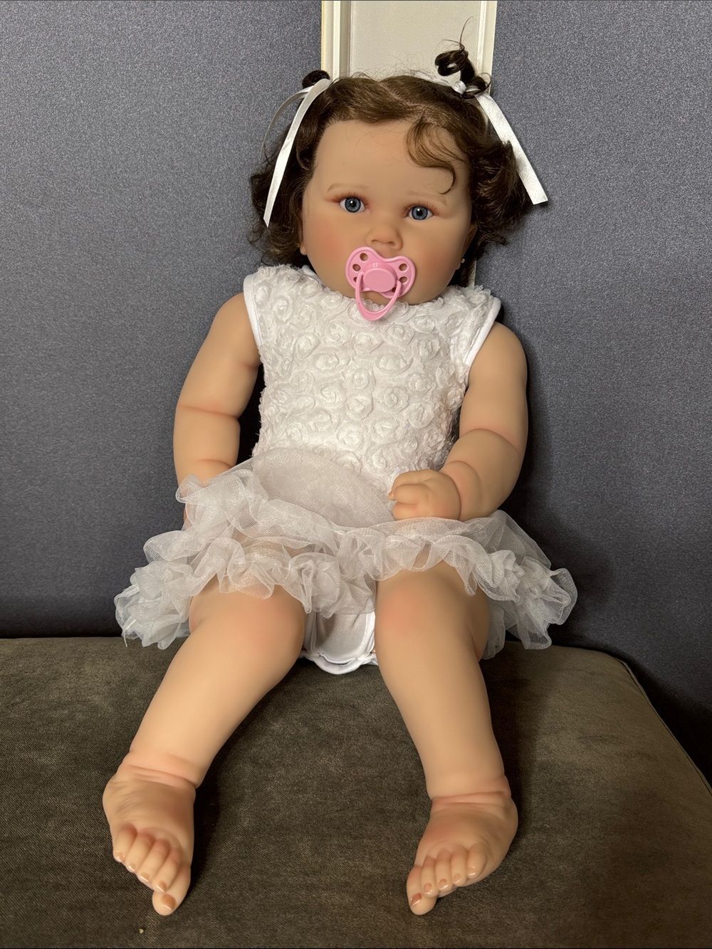 Girl Realistic 24” Toddler Baby Doll Earrings White Ruffled Dress Pacifier NEW